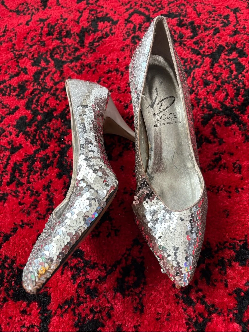 Silver Sequin Pointed-Toe Heels